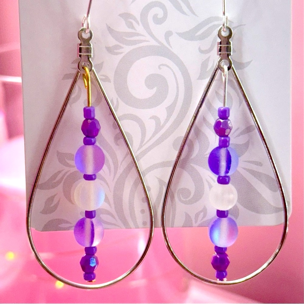 Handmade Earrings Handcrafted With Love Silver Purple Design - Picture 2 of 2